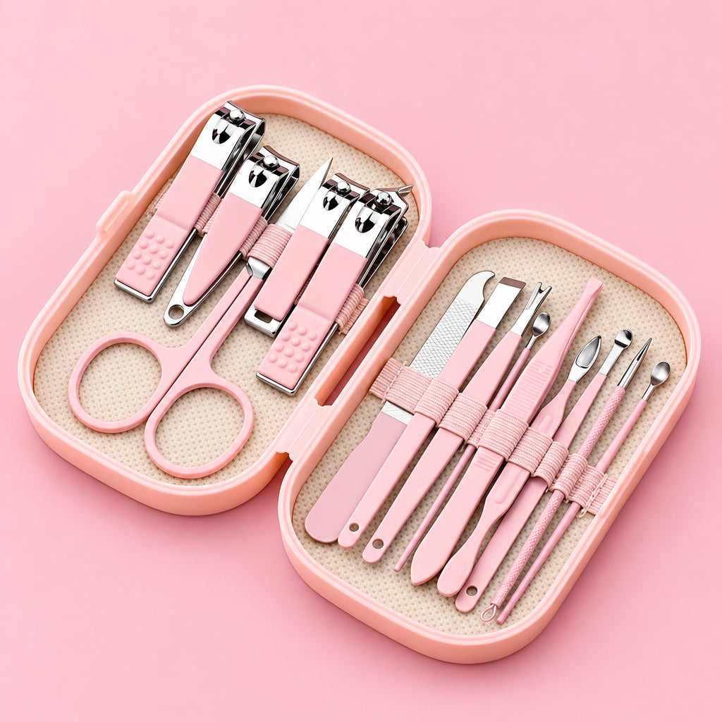 14-piece manicure set with pink case on a pink background.