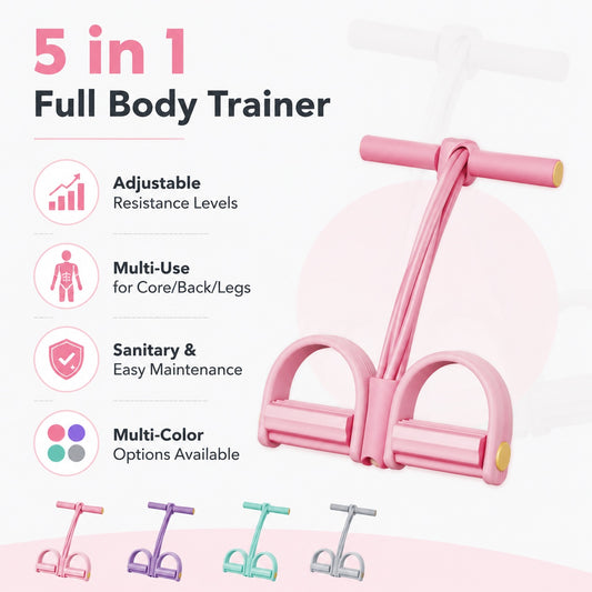 Pink 5-in-1 full body trainer with features listed on a white background