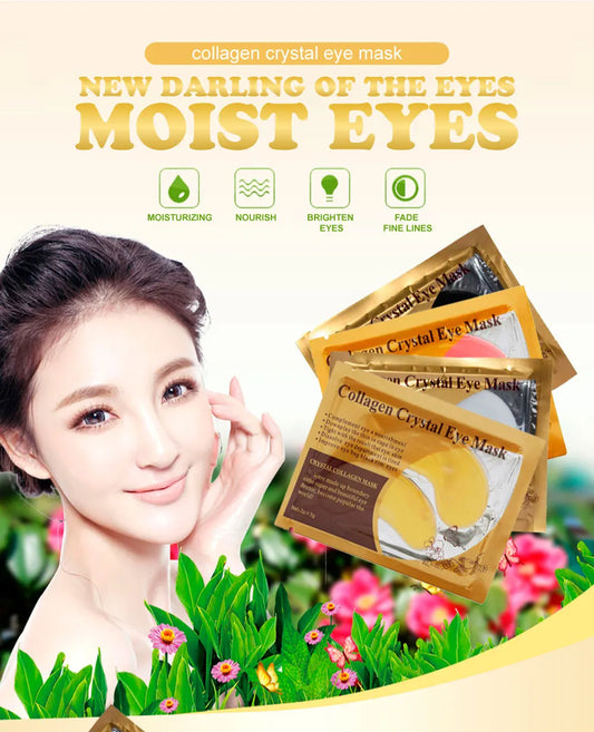 Collagen crystal eye mask packaging with a woman applying it, surrounded by greenery and flowers.