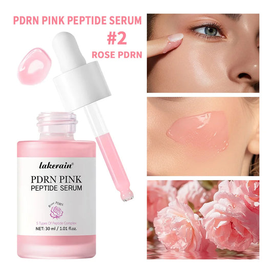 Lakerain PDRN Pink Peptide Serum with dropper, close-up of eye, lips, and pink flowers.
