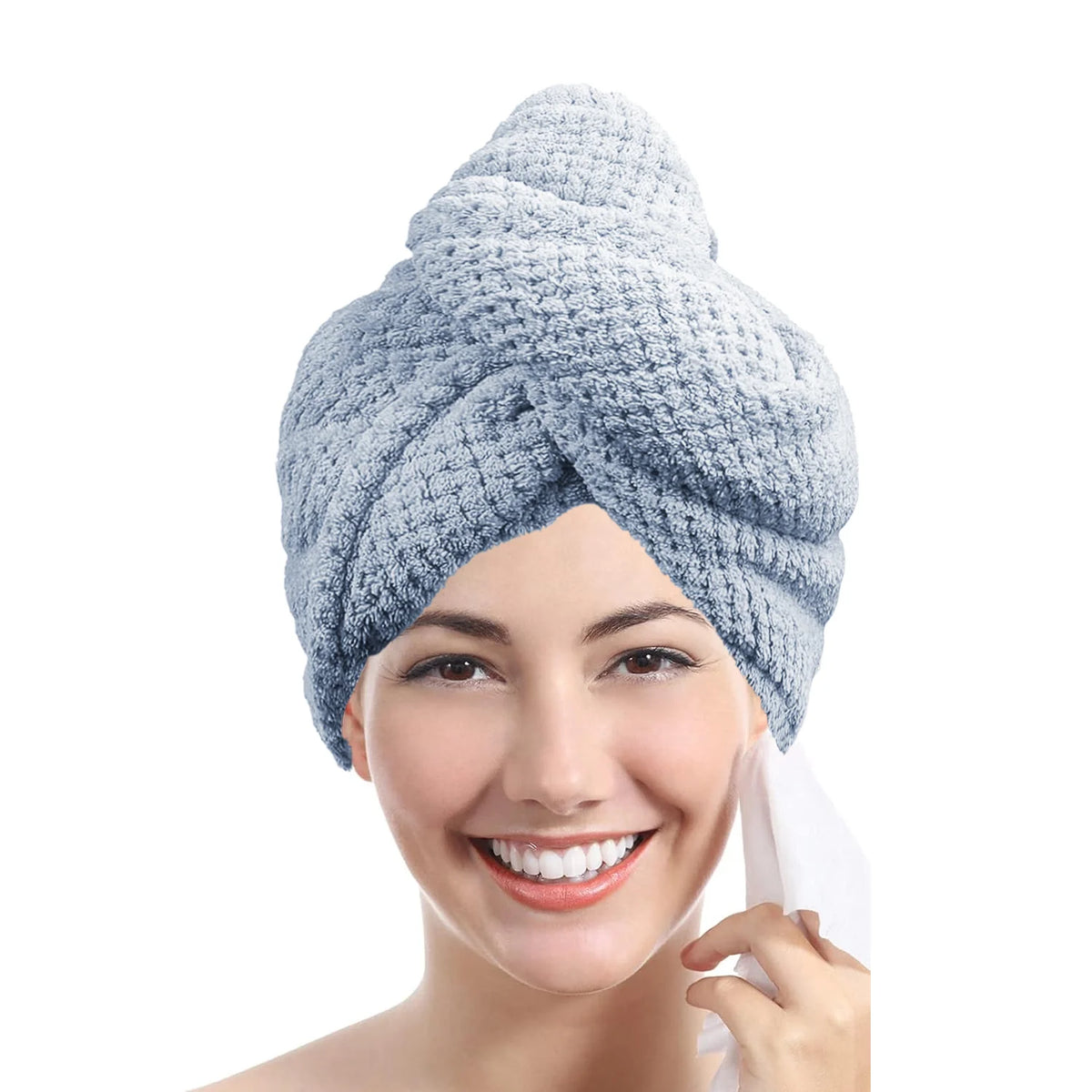 a women wearing a blue hair turban on her head