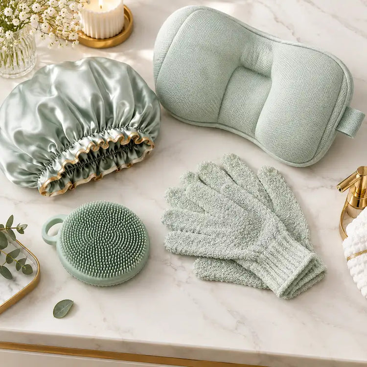 Bath and shower accessories including body scrubber and gloves