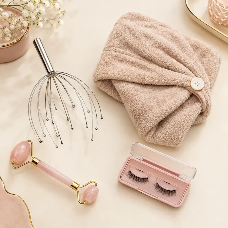 Beauty and self-care essentials including scalp massager, hair towel and facial roller