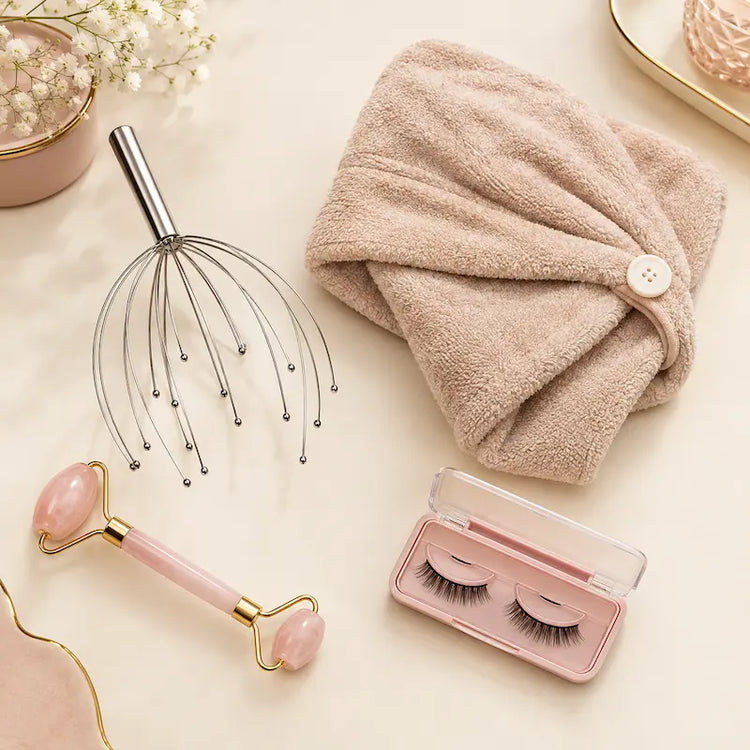 Beauty and self-care essentials including scalp massager, hair towel and facial roller