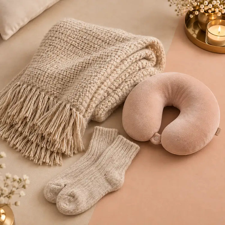 Cozy blanket, socks and neck pillow for comfort at home