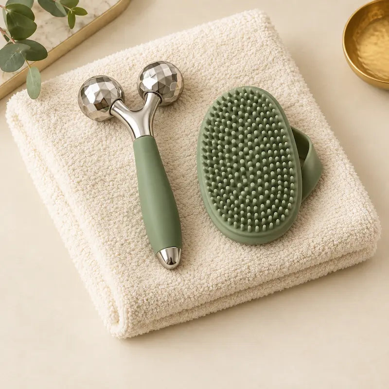 Spa and body care essentials including massage roller and body scrubber