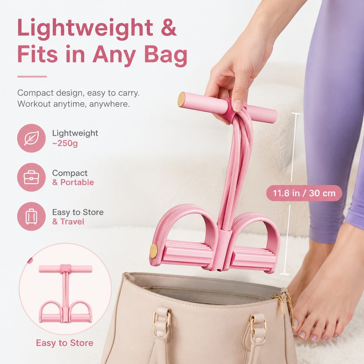Pink exercise tool being held by a person with text highlighting its features.