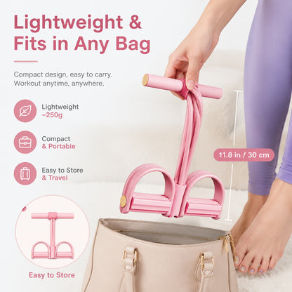 Pink exercise tool being held by a person with text highlighting its features.