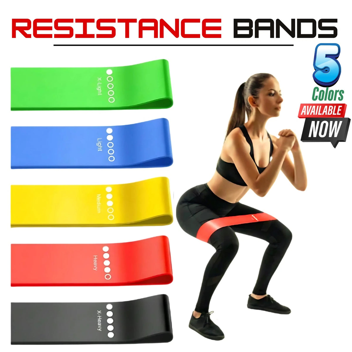 Five colorful TPE loop resistance bands with one storage bag