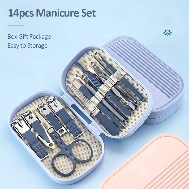 14-piece manicure set in a box on a light blue background