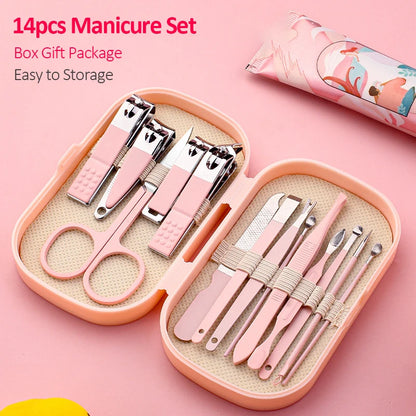 14-piece manicure set with pink tools in a box on a pink background