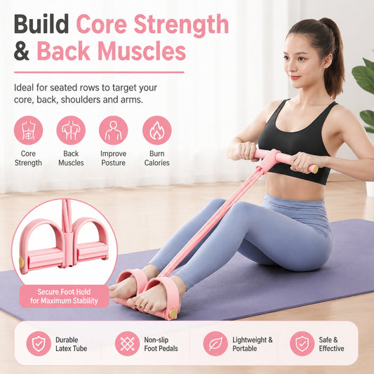 Woman using a resistance band for core strength and back muscles on a yoga mat.