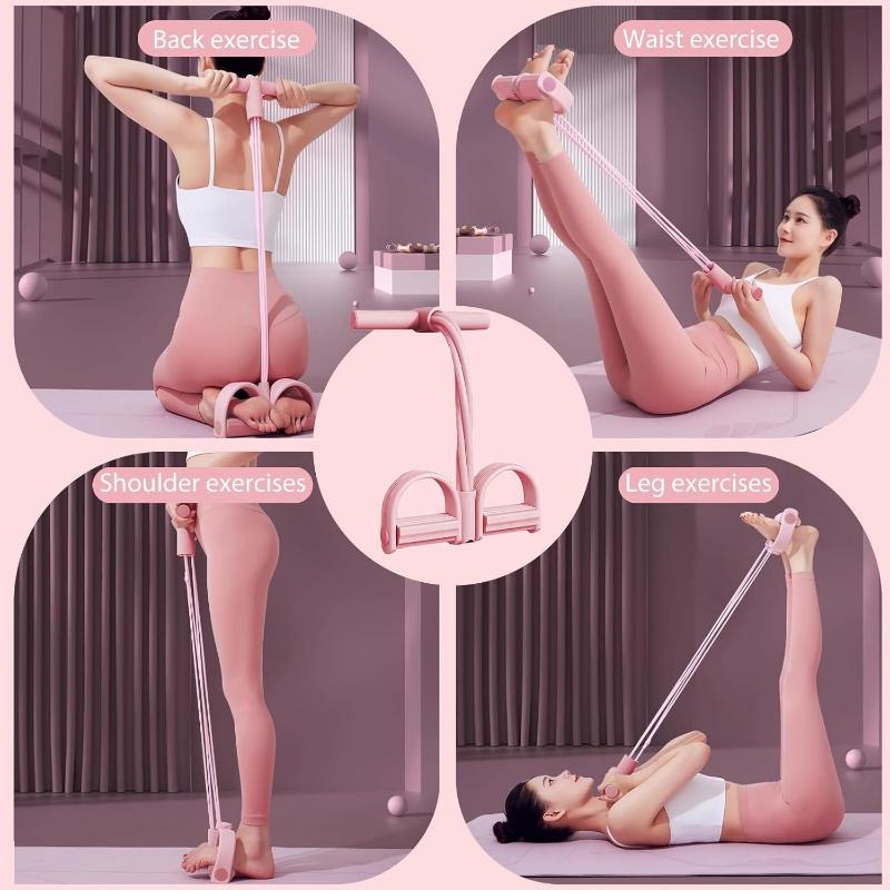Woman demonstrating various exercises using a resistance band in a home setting.