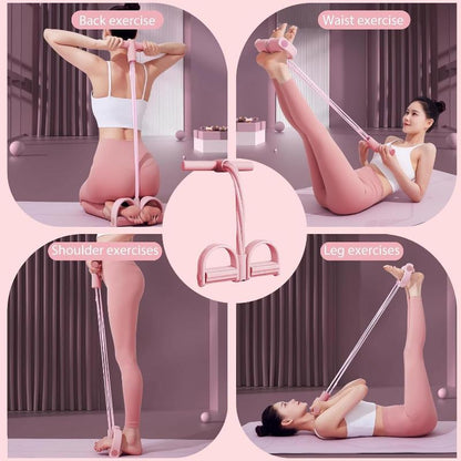 Woman demonstrating various exercises using a resistance band in a home setting.
