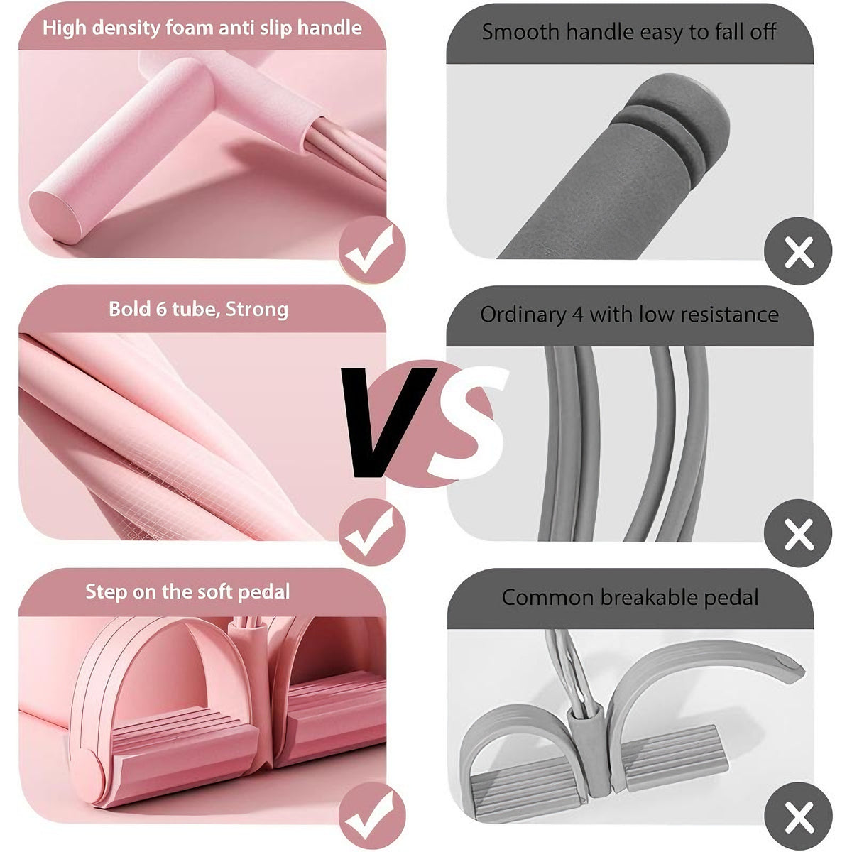 Comparison chart of pink and gray exercise equipment handles with text highlighting features.