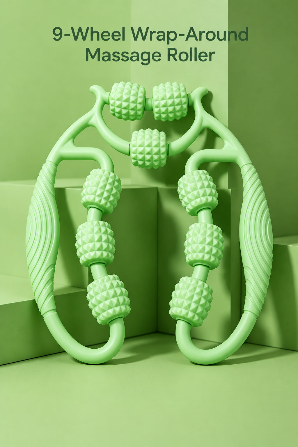 A light green ring-shaped leg massager with textured rolling balls, shown on a matching green background