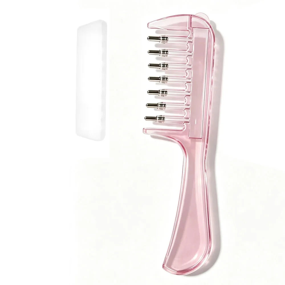 A translucent pink plastic hair comb with multiple fine metal teeth, shown alongside a small white rectangular accessory on a plain white background.