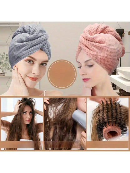 Collage of a woman wearing a gray and pink hair turban, with close-ups of the product and hair being styled.