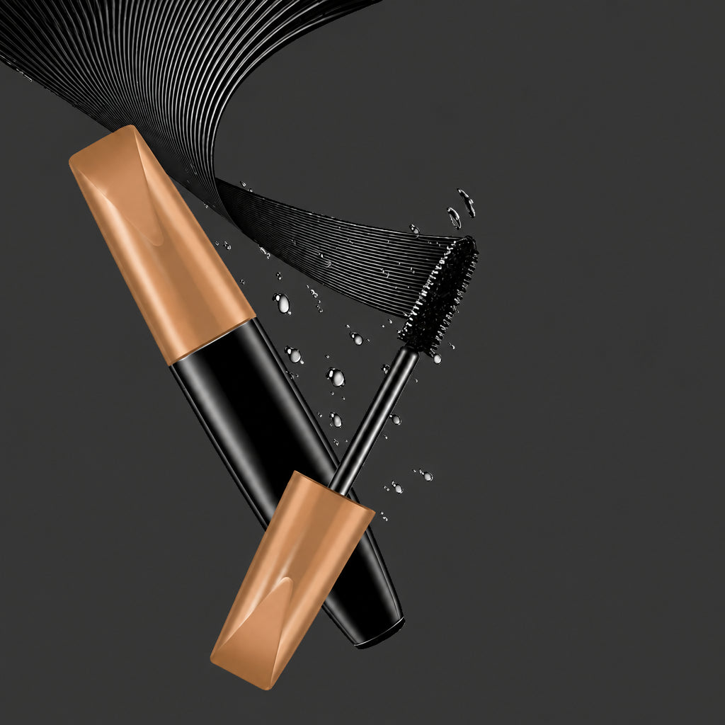 Black mascara eye makeup product at dark grey background