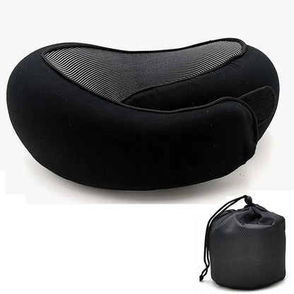 Black neck pillow with a carrying pouch on a white background