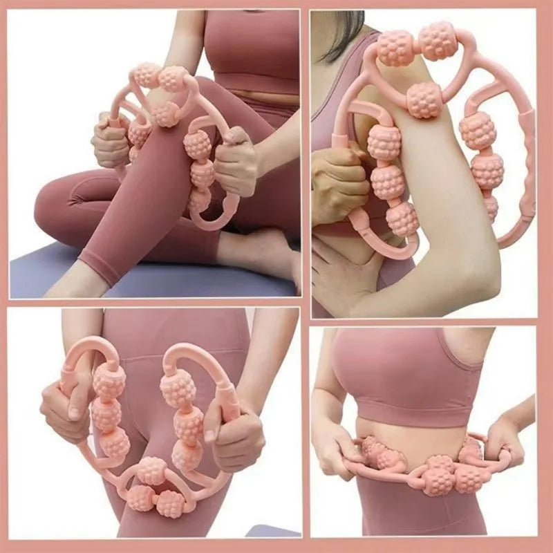 Collage of a person using a pink massage tool on various parts of their body.