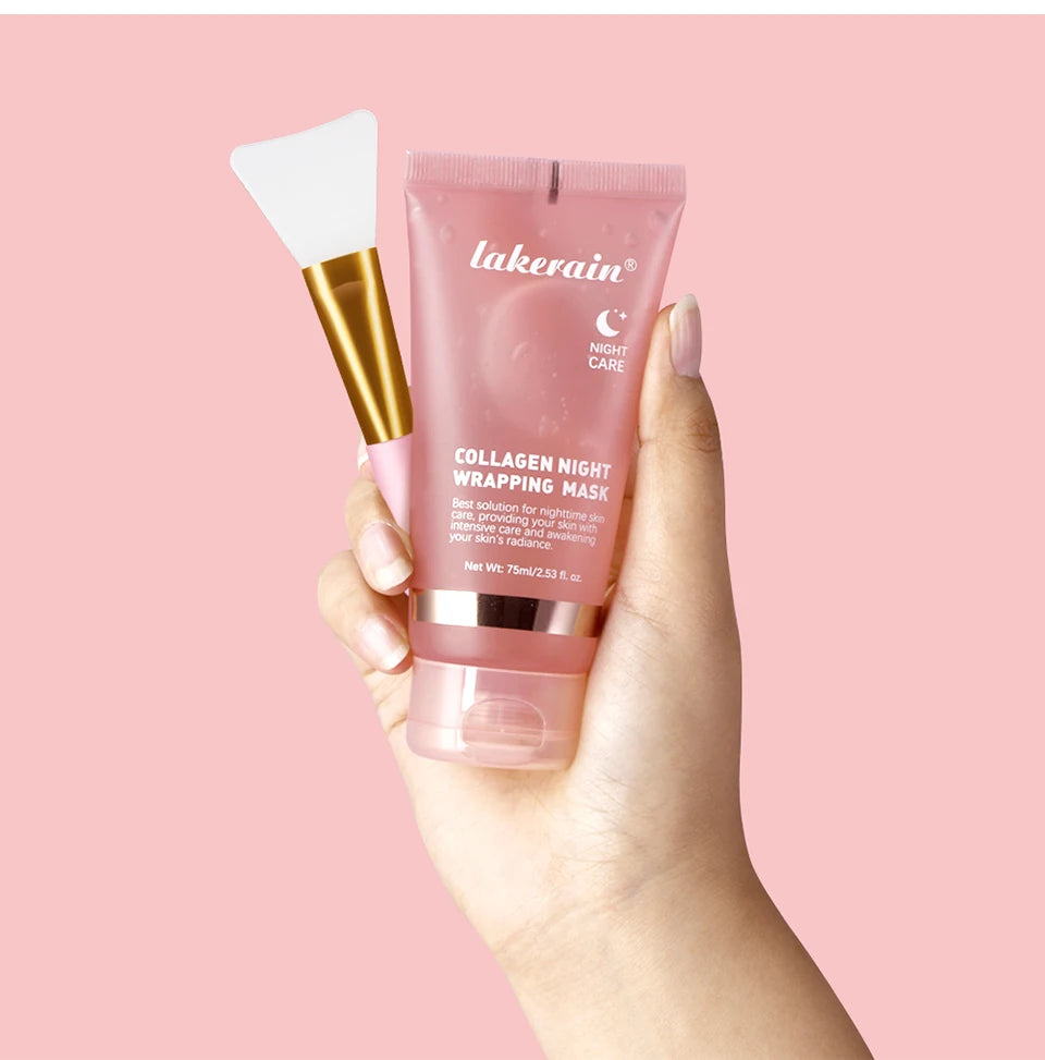 Hand holding a pink tube of Lakerain Collagen Night Wrapping Mask against a pink background