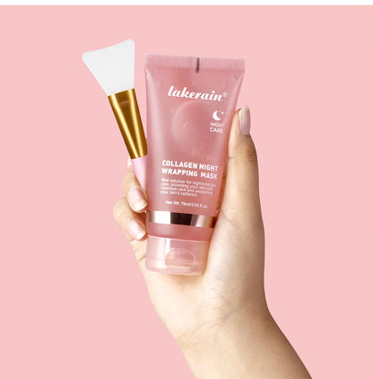 Hand holding a pink tube of Lakerain Collagen Night Wrapping Mask against a pink background