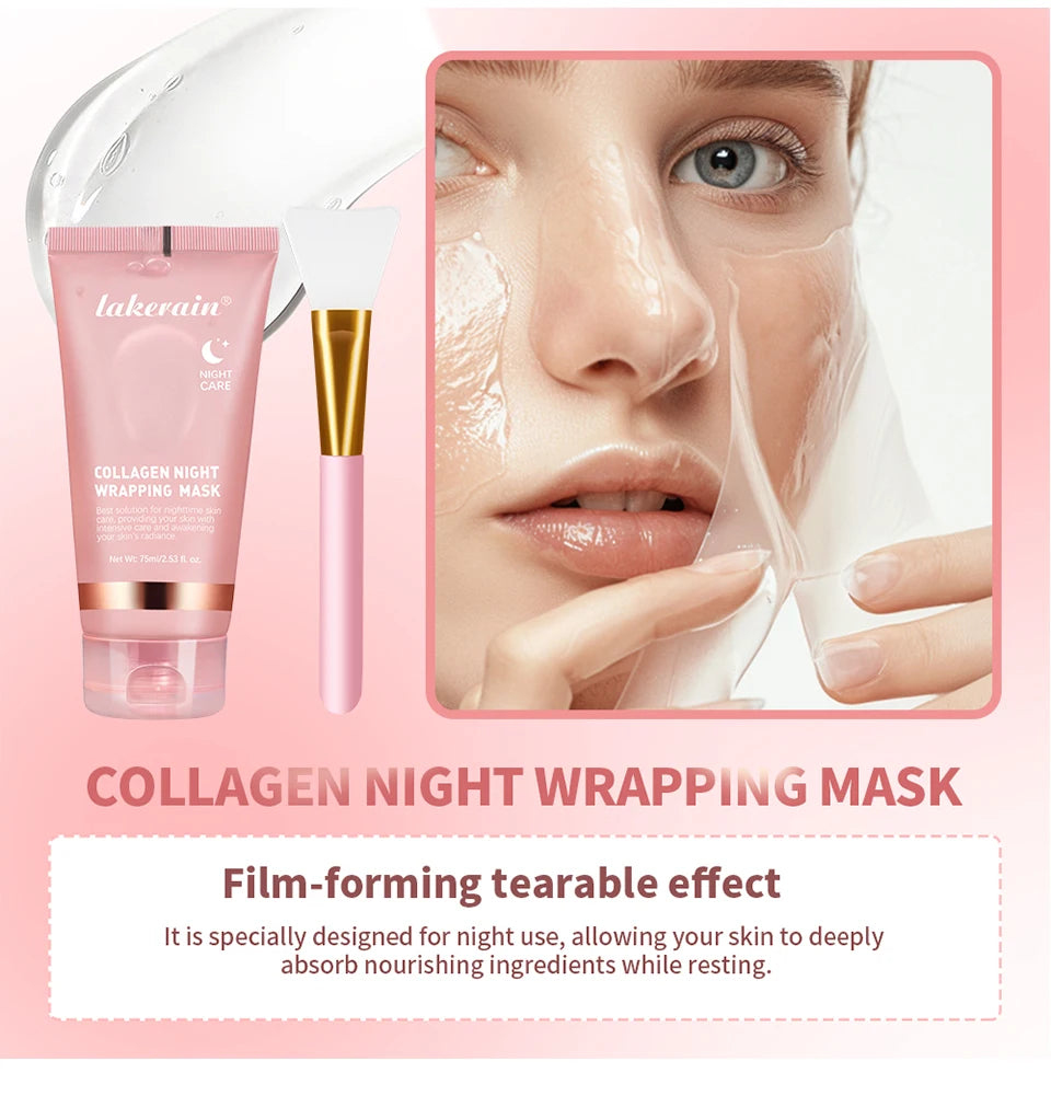 Collagen night wrapping mask set with a close-up of a person applying the mask on their face.