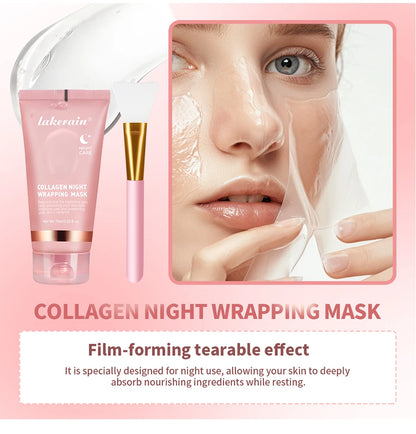 Collagen night wrapping mask set with a close-up of a person applying the mask on their face.