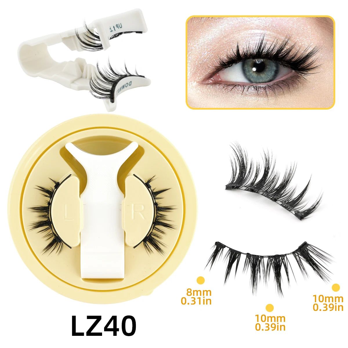 False eyelashes set with application tool and close-up of eye wearing lashes on a white background.