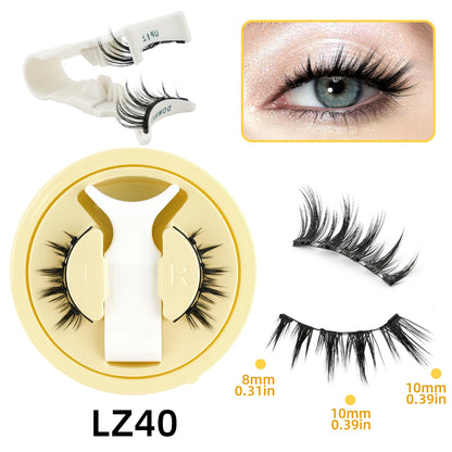 False eyelashes set with application tool and close-up of eye wearing lashes on a white background.