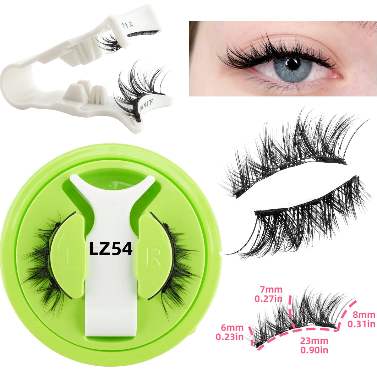 False eyelashes with a green case and close-up of an eye wearing them.