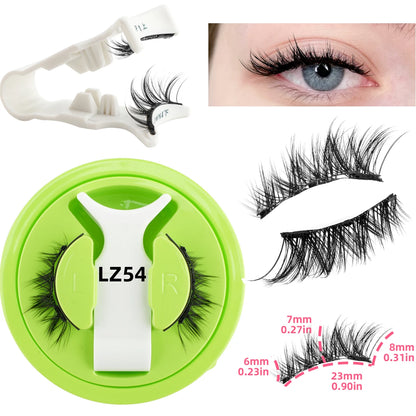 False eyelashes with a green case and close-up of an eye wearing them.
