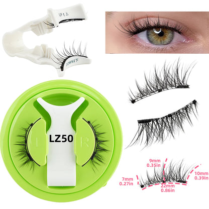 False eyelashes with a green case, applicator, and close-up of an eye wearing them.