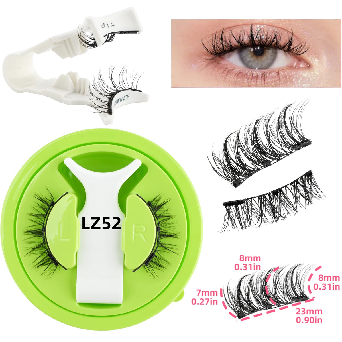 False eyelashes with a green case, application tool, and close-up of an eye wearing the lashes.