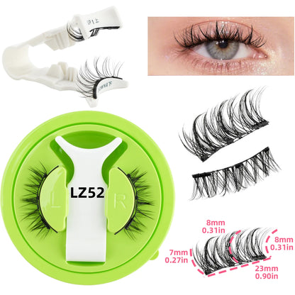 False eyelashes with a green case, application tool, and close-up of an eye wearing the lashes.