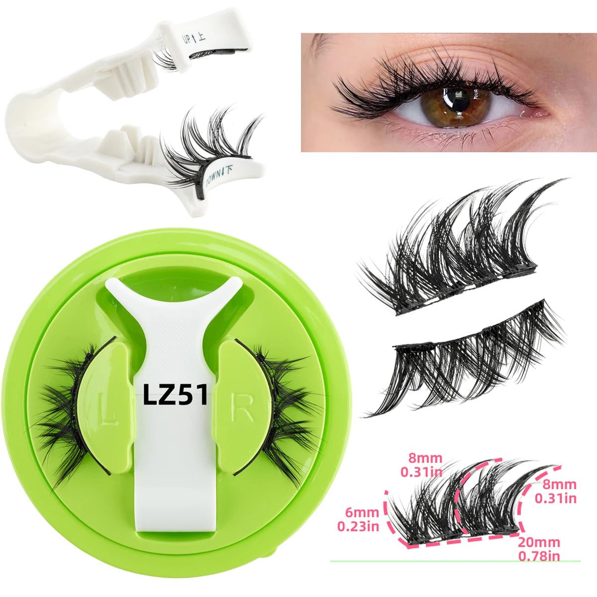 False eyelashes with a green case, applicator, and close-up of an eye wearing them.
