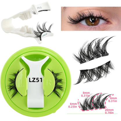 False eyelashes with a green case, applicator, and close-up of an eye wearing them.