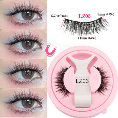 False eyelashes with a pink case labeled LZ03, shown on a model and close-up.