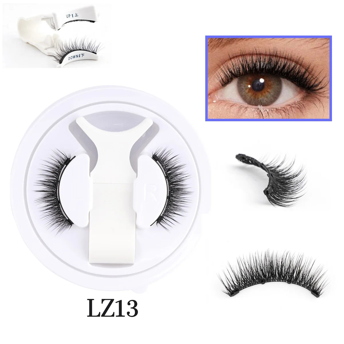 False eyelashes with a white applicator and packaging, showing close-up on eye.