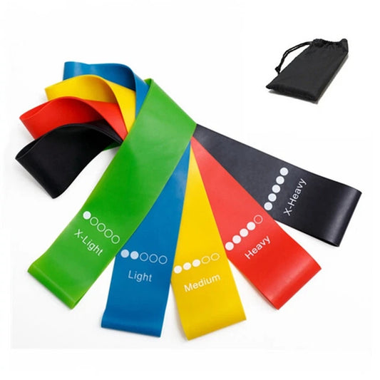 Color-coded TPE loop resistance bands showing X-Light, Light, Medium, Heavy, and X-Heavy levels