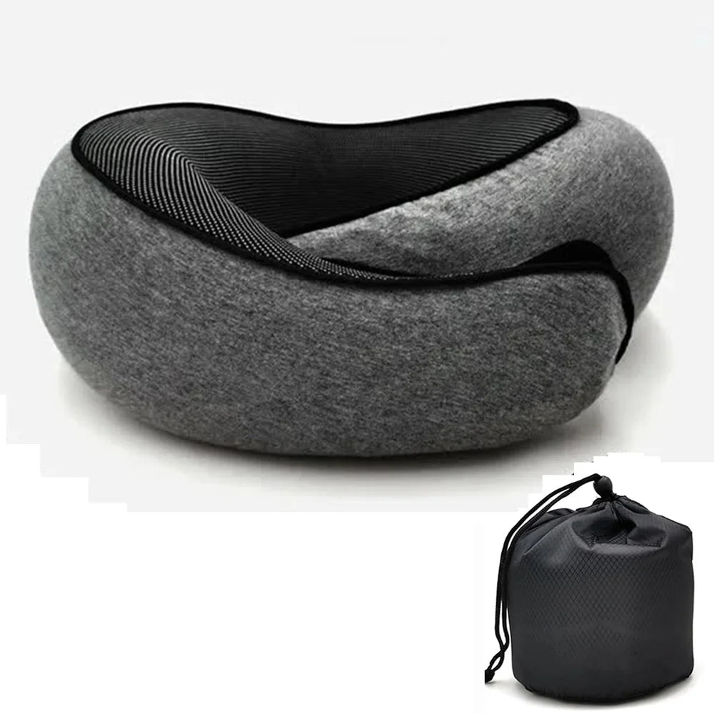 Gray neck pillow with black mesh and a carrying bag on a white background