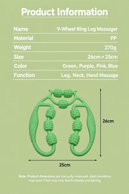 Green 9-wheel manual massage roller with supplier-listed dimensions of 26 × 25cm