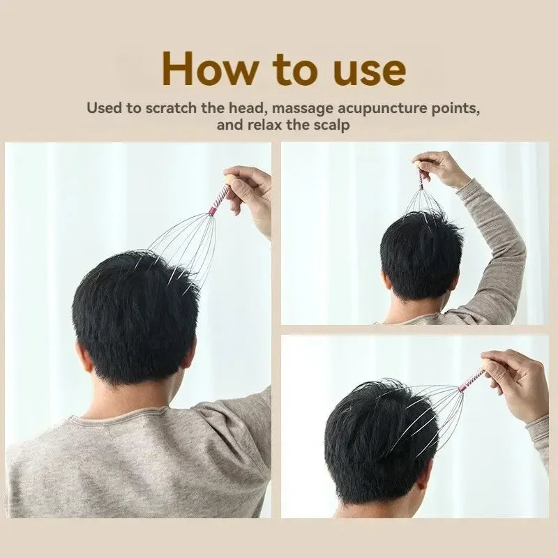 Instructions on how to use a scalp massage tool with a person demonstrating the technique.