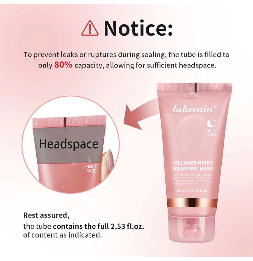 Lakerain collagen night wrapping mask tube with 'Headspace' illustration and warning notice.