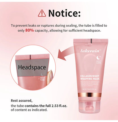 Lakerain collagen night wrapping mask tube with 'Headspace' illustration and warning notice.