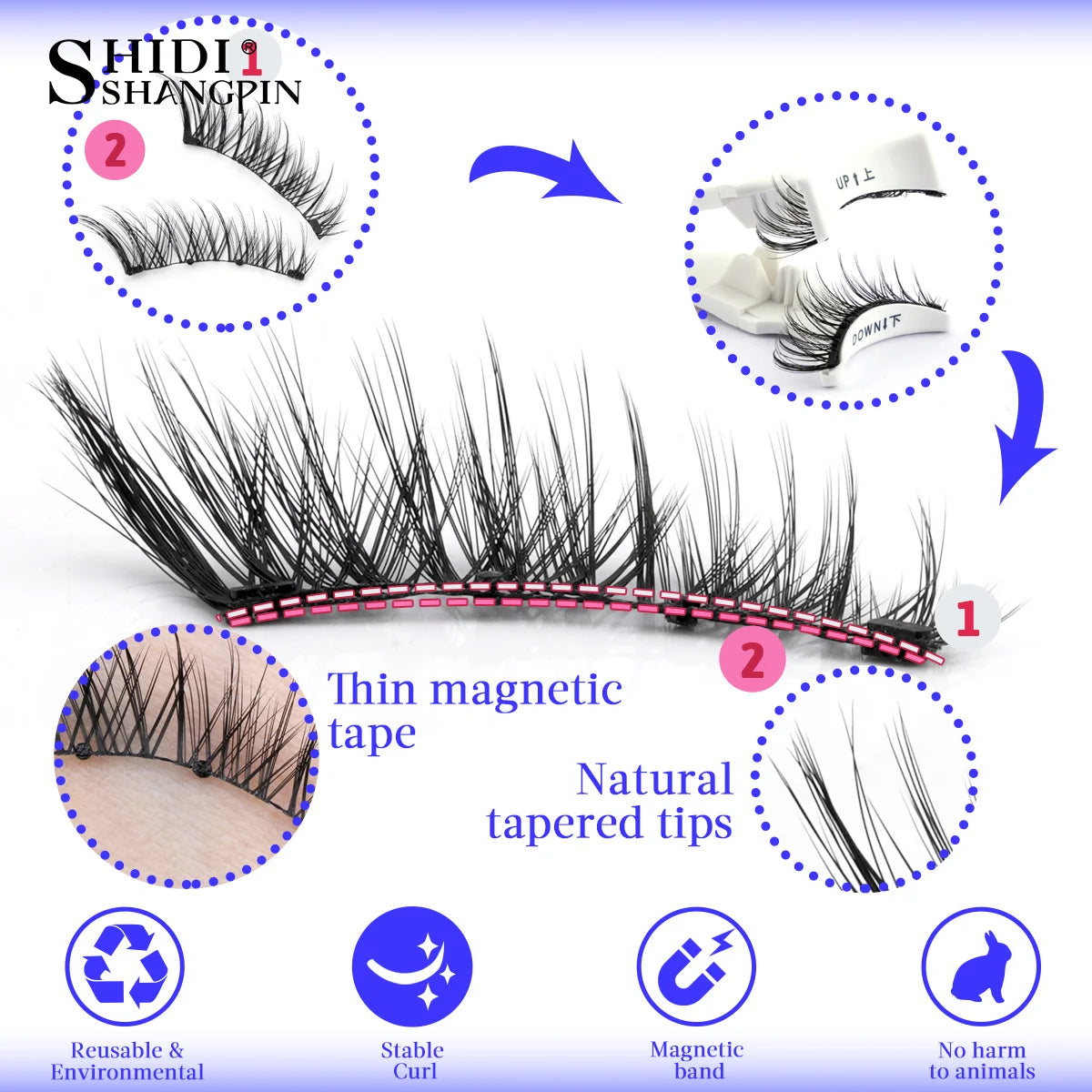 Magnetic eyelash set with thin magnetic tape, natural tapered tips, and Shidian Shangpin branding.