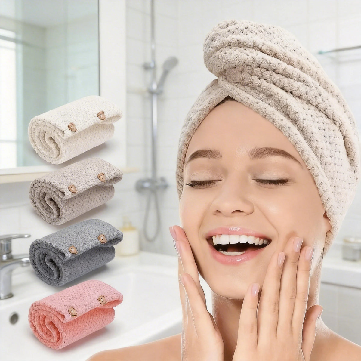 Woman with a towel on her head in a bathroom setting, with rolled-up towels in beige, gray, and pink.