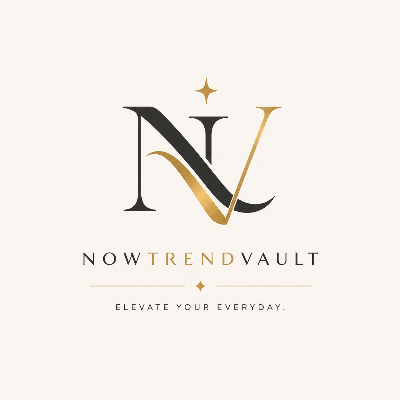 A minimalist logo design featuring stylized black and gold letters 'N' and 'V' with a small gold star above, and the text 'NOWTRENDVAULT' and 'ELEVATE YOUR EVERYDAY.' on a light cream background.