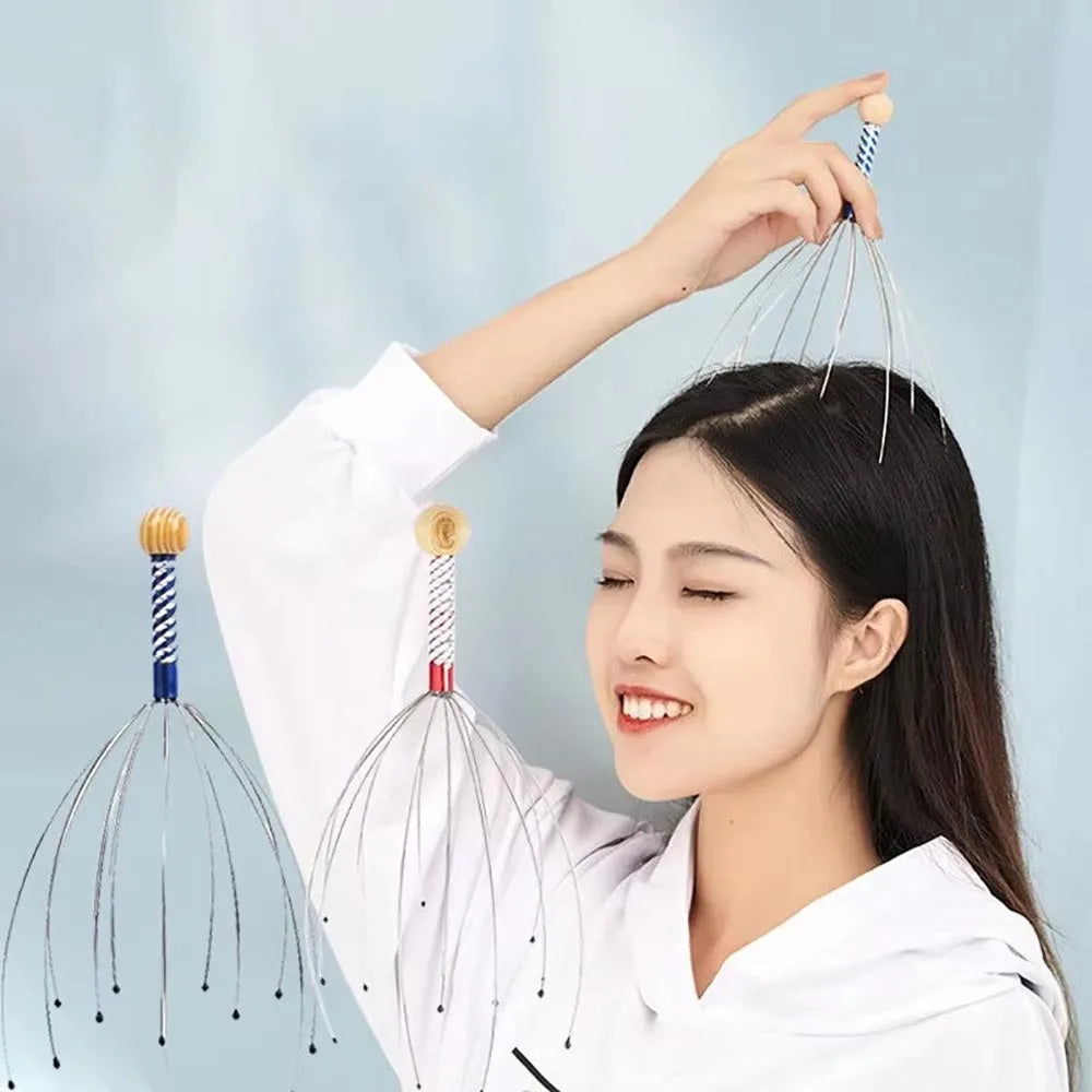 Octopus head massager for self-care routine showing three manual octopus massager